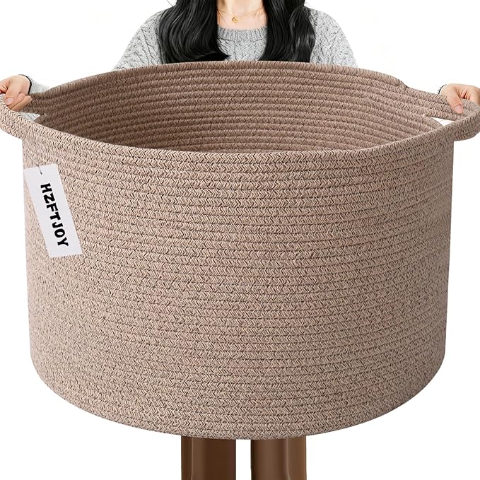 65L Extra Large Woven Cotton Rope Blanket Basket with Handles, Laundry Hamper Storage Bin for Pillows, Comforters,Clothes, Toys, Nursery, Bedroom and Living Room Organization,Brown