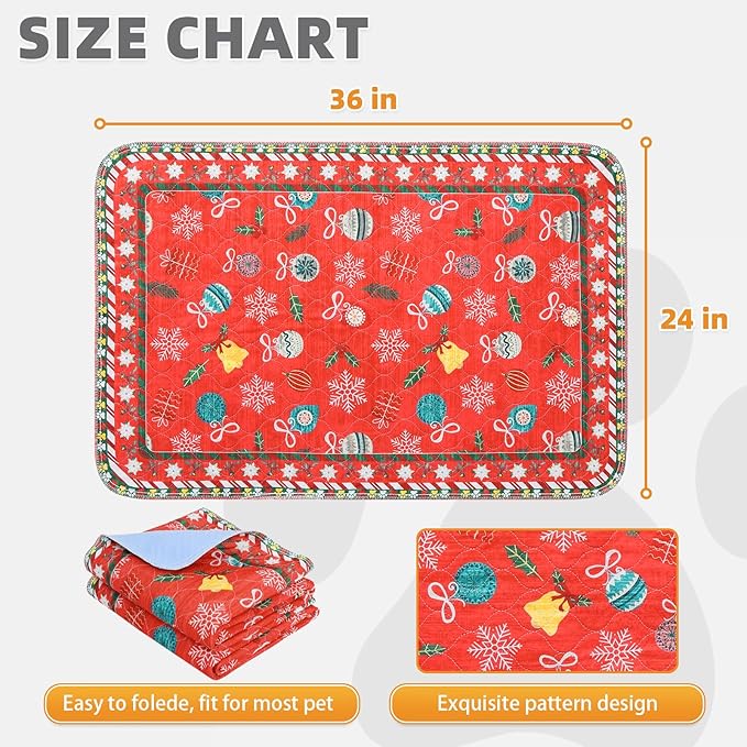 KOOLTAIL Washable Pee Pads for Dogs, 2 Pack Christmas Pet Mats, Super Absorbent Reusable Puppy Training Pads Waterproof,Nonslip Leak-Proof Dog Pee Pad,Large Whelping Pads for Floor,Crate,Couch,24"*36"