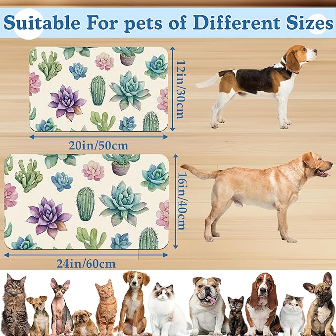 Cactus Flower Pet Feeding Mat for Floors–Absorbent Quick Dry Dog Cat Bowl Mat for Food and Water, Non Slip Waterproof Base, Mess-Free Feeding Accessories 16"x24"