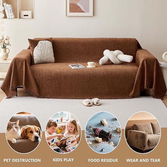 Chenille Couch Cover for 3 Cushion Sofa Pet Friendly Furniture Covers, Boho Sofa Covers Washable L Shape 3 Seater Couch Cover, 71"x 150", Brown