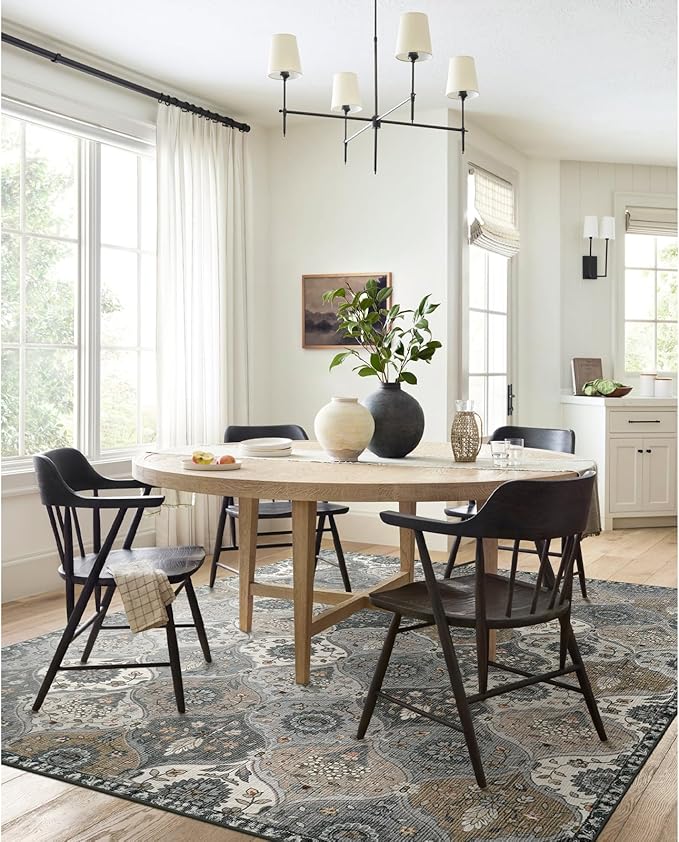 Lahome Moroccan Washable Area Rug 6x9, Ultra-Thin Large Living Room Rugs for Bedroom, Oriental Trellis Distressed Non Shedding Throw Carpet for Dining Room Office Elise, Grey