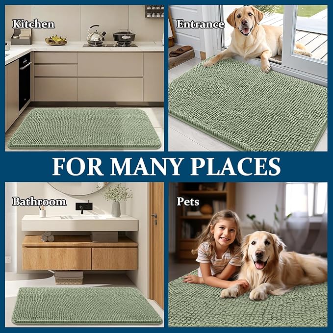 OLANLY Dog Door Mat for Muddy Paws 35x24, Absorbs Moisture and Dirt, Absorbent Non-Slip Washable Doormat, Quick Dry Chenille Mud Mat for Dogs, Entry Indoor Entryway Carpet for Inside Floor, Sage Green