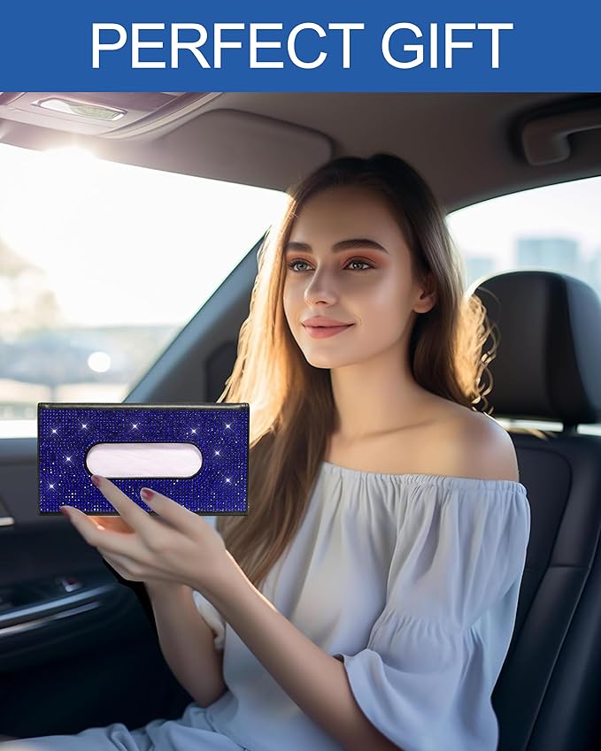 Bling Car Sun Visor Tissue Box Holder,PU Leather with Bling Crystal Rhinestones Tissue Holder,Car Accessories for Women (Blue)