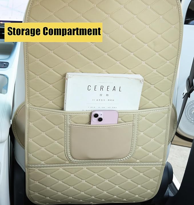 Leatherette Car Seat Protector - 2 Pack Large Car Kick Mats with Storage Pockets Organizer Seat Back Cover Against Dirty Shoes & Scratches, Universal Fit for Most Vehicles, Beige