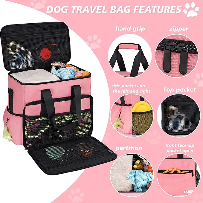 5 Set Dog Travel Bag for Supplies, Dog Lovers, Large Pet Travel Kit Includes 2 Food Containers, 2 Collapsible Bowls, Pink