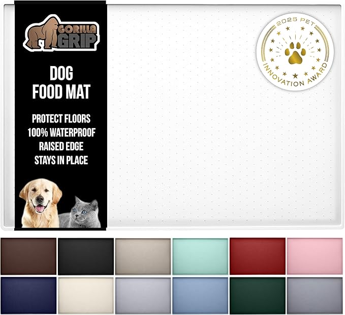GORILLA GRIP 100% Waterproof Raised Edge BPA Free Silicone Pet Feeding Mat, Dog Cat Food Mats Contain Spills Protects Floors, Placemats for Cats and Dogs Water Bowl, Pets Accessories 23x15 White