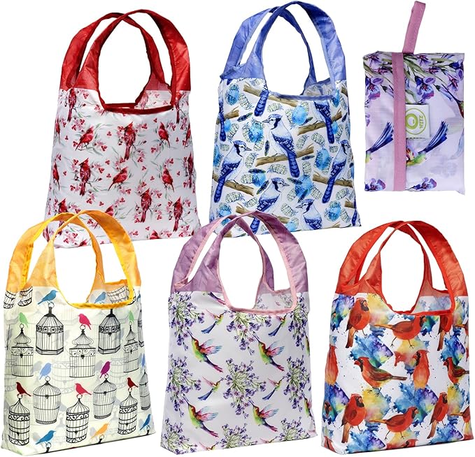 O-WITZ Reusable Grocery Bags | Vibrant Tote Bag For Groceries, Gym, Office, Beach, Toys & More | Washable Design With Large Handles For Maximum Convenience | Folds Into A Small Pouch, 5-pack, Birds