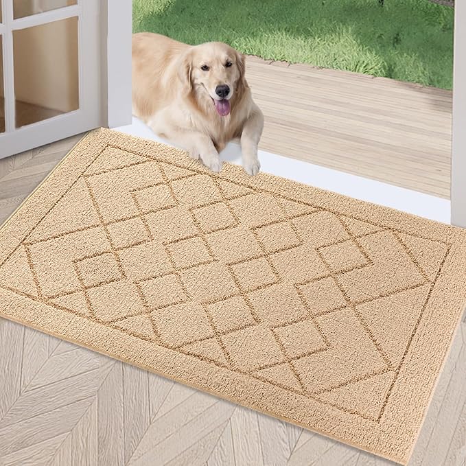 REFETONE Indoor Doormat, Front Back Door Mat 24"x36" Rubber Backing Non Slip Mats, Absorbent Washable Entrance Doormat for Entryway, Resist Dirt Low-Profile Inside Floor Mats for Muddy Shoes, Golden