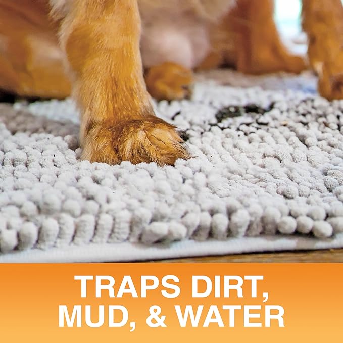 Neater Pets Chenille Dog Door Mat 30” x 20” – Super Absorbent & Quick-Dry Muddy Paws Doormat for Trapping Dirt, Water, Mud - Non-Slip & Machine Washable Pet Rugs for Entryway, Indoor Mud Mats, Gray