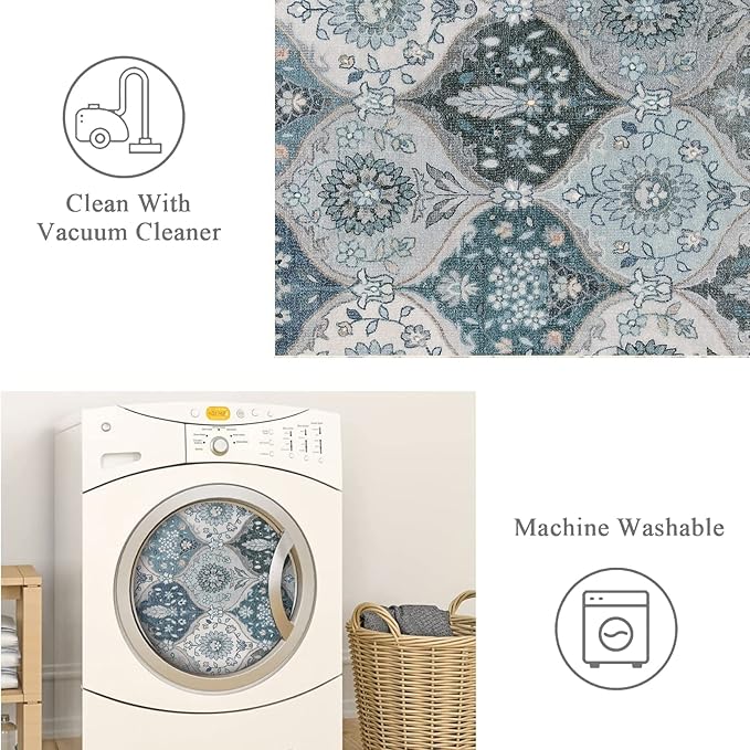 Lahome Moroccan Trellis Washable Rugs, 3x5 Area Rug for Bedroom Living Room, Indoor Non-Slip Small Oriental Accent Throw Carpet for Kitchen Entryway Bathroom Office Elise, Blue