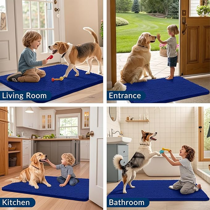 Smiry Dog Door Mat for Muddy Paws 48x30, Absorbs Moisture and Dirt Doormat, Non-Slip Washable Quick Dry Chenille Front Door Mat Indoor Entrance, Entryway Carpet for Inside Floor, Royal Blue