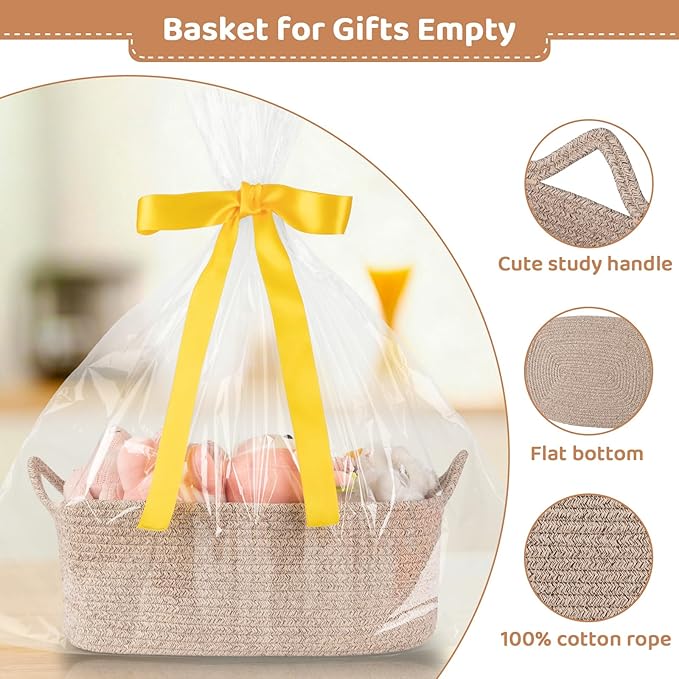 Large Empty Gift Baskets for Baby Shower, 16.5"L x 12.6"W x 7"H Cute Woven Storage Basket with Gift Bags and Ribbons, Small Rope Toy Basket with Handles, Cat Dog Pet Toy Organizer - Brown