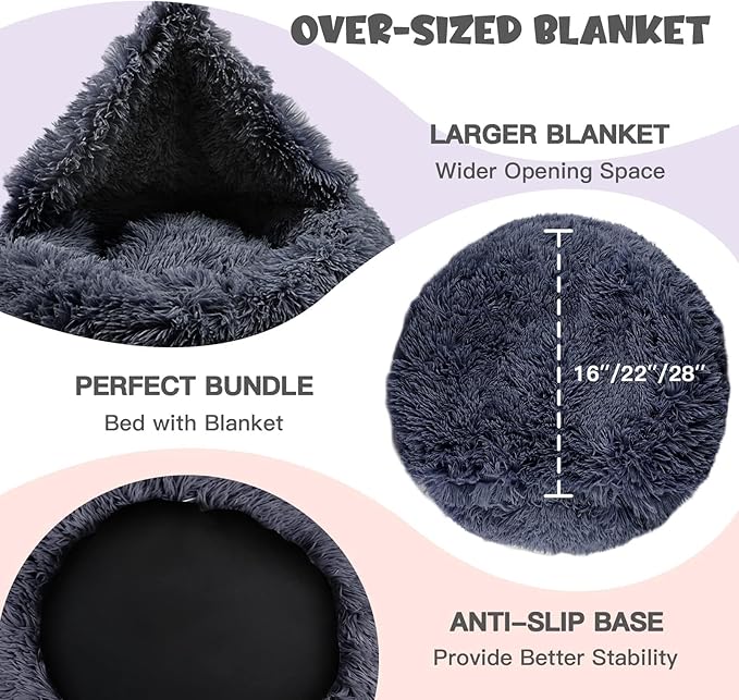 Himax Dog Beds for Small Dogs, Donut Dogs Beds with Blanket Attached, Calming Dog Bed Washable (20"/26"/35") Grey