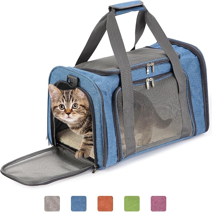 Mr. Pen- Pet Carrier, 17.5" x 11.2" x 11.5", Medium Size, Blue, Portable Travel Carrier for Small Pets, Cats & Small Dogs, Breathable Mesh, Safety Inner Leash, Side Pocket & Padded Shoulder Strap