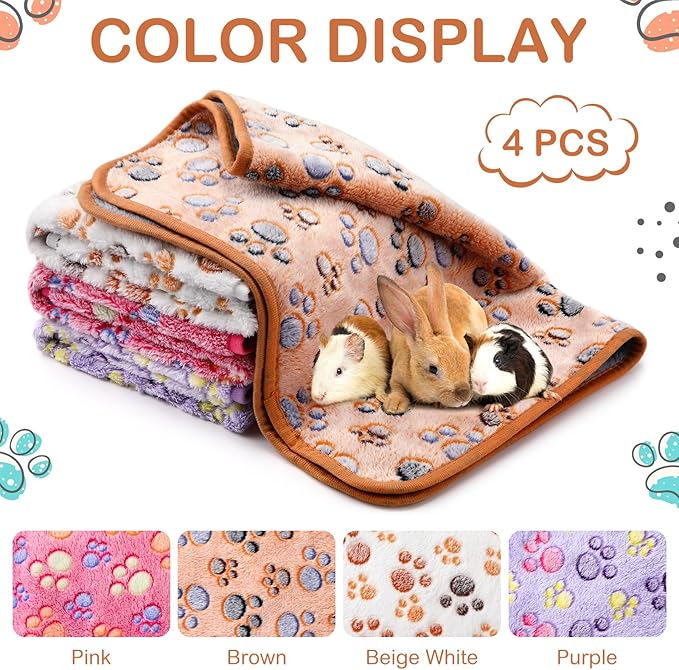Reginary 4 Pcs Waterproof Guinea Pig Blankets Washable Small Animal Fleece Bedding Guinea Pig Cage Liners Reusable Training Pads Pet Pee Pad Sleep Mat for Hamster(Paw Print,24 x 16 Inch)