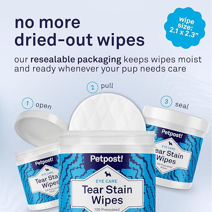Petpost Tear Stain Remover Wipes for Dogs | 100 Count Gentle Eye Wipes with Juniper Berry & Coconut | Dog Face Wipes for Tear Stains & Eye Discharge | Soft Cotton Pads, Bleach Free