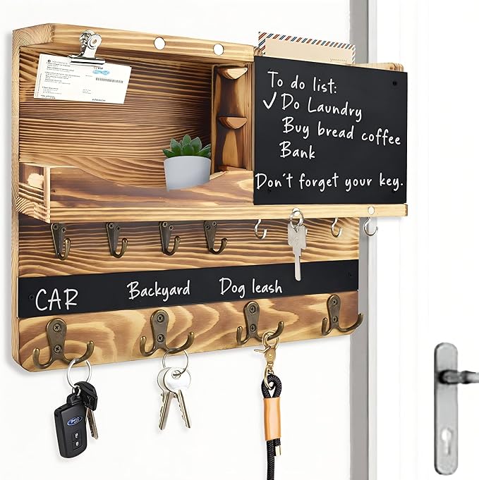 Key Holder for Wall Mount with Shelf and Mail Organizer, Key and Mail Holder with 16 Hooks, Farmhouse Entryway Organizer, Home Decor Rack(Pine Wood, Wood Color)