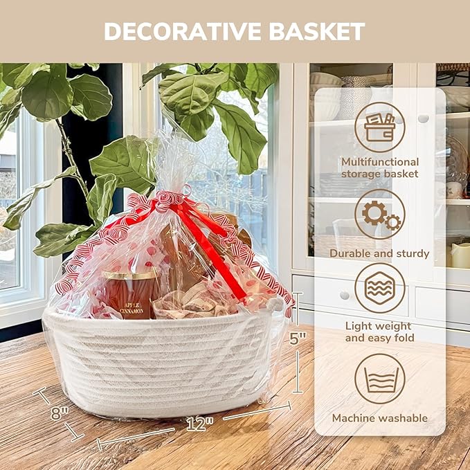 CHICVITA Small Basket for Gifts, Easter Basket for Kids, Empty Gift Baskets with Bags & Ribbons Rope Storage Baskets for Kids, 12"x 8"x 5"