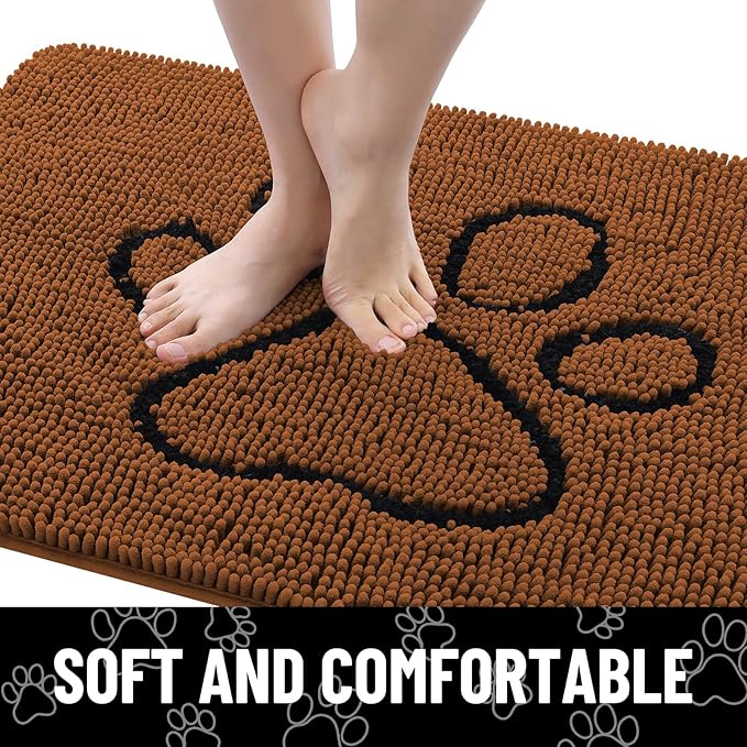 Smiry Dog Door Mat for Muddy Paws, Absorbent Dirt Trapper Non Slip Quick Dry Washable Chenille Mat for Mud Dogs, Entry Rug for Indoor and Outdoor (30x20 Inches, Ochre and Black)