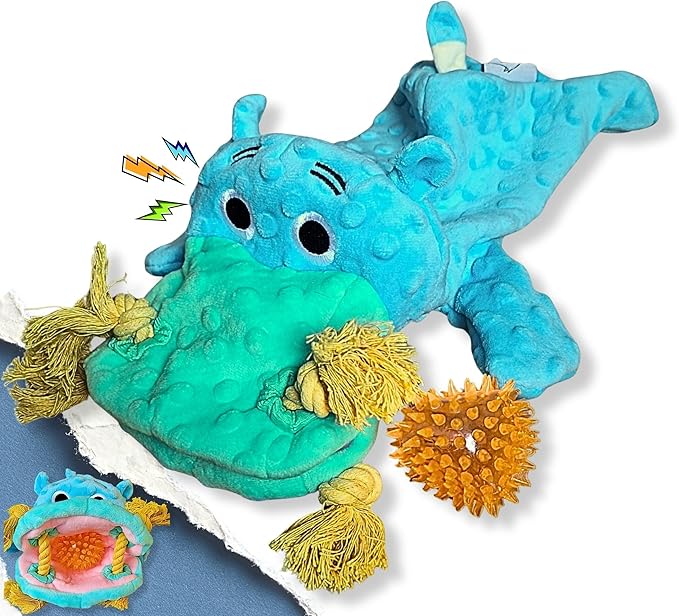 4 in 1 Squeaky Dog Toy – No Stuffing Dog Toy - Big Squeaker, Ropes and Surprise ball-like play item for Small, Medium & Large Breeds–for Chewing, Teething & Fetch–Durable Pet-Safe Materials-Blue Hippo