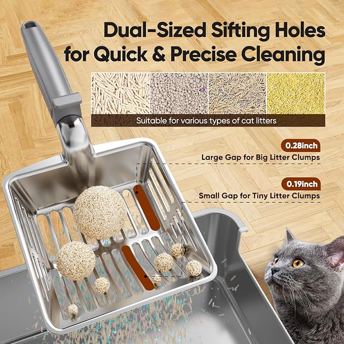 KooMooM Metal Cat Litter Scoop, Large Cat Scooper with Deep Shovel & Dual Sifting Holes for Fast & Precise Sifting, Space Aluminum Kitty Litter Scooper with Long Handle & Easy-to-Hang Hook - Grey
