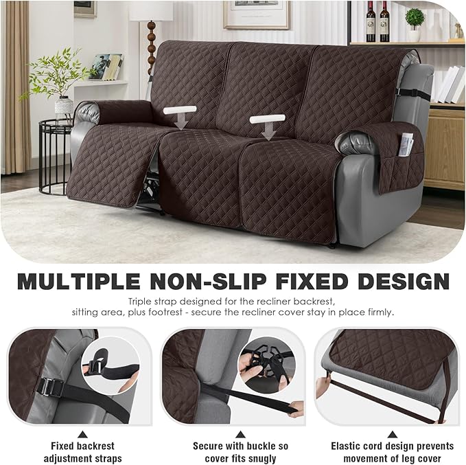 TAOCOCO 100% Waterproof Recliner Sofa Covers, Reclining Couch Covers with Leg Straps, 1-Piece Washable Recliner Sofa Cover with Pocket Couch Protector for Pets Kids(Chocolate, 3 Seater)