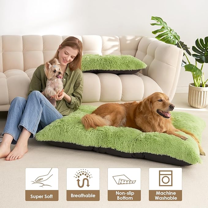 EHEYCIGA Fluffy Dog Crate Bed for Small Dogs, Plush Faux Fur Crate Pad, Calming Anti Anxiety Small Dog Bed, Washable Soft Warm Mat with Non-Slip Bottom, Green