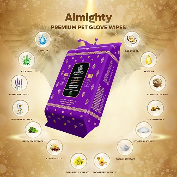 Almighty – Premium Pet Grooming Glove Wipes for Dogs & Cats | 20 Count | Instant Bath Cleaning Glove | Ultra-Thick, Hydrating & Nourishing | Deodorizing, Hypoallergenic, No-Rinse – Tea Scent