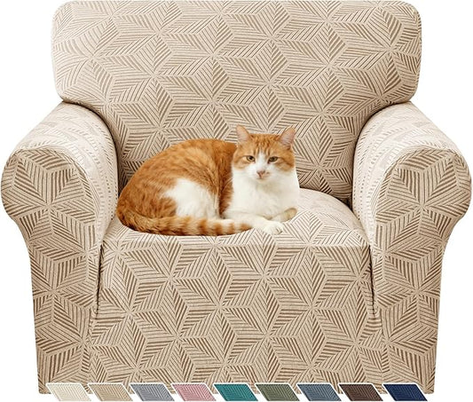 YEMYHOM 1 Piece Stretch Chair Sofa Slipcovers Couch Covers for 1 Seat, Jacquard Armchair Covers with Non-Slip Elastic Bottom, Thickened Furniture Protector for Dogs Pets kids (Small, Khaki）