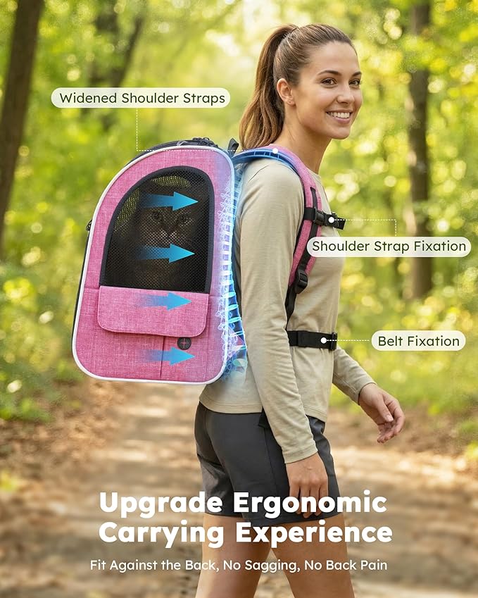 Pecute Cat Backpack Carrier Expandable, Pet Backpack for Cats & Small Dogs Up to 11lbs, with 4-Side Breathable Mesh, Multi-Entry & Lockable Zippers for Travel, Hiking, Camping - Hands Free, Pink