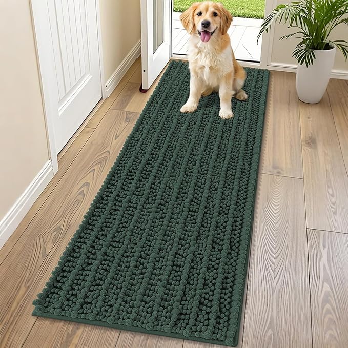 Smiry Dog Door Mat for Muddy Paws 70x24, Extra Soft Absorbent Chenille Doormat, Trap Moisture and Dirt, Non-Slip Machine Washable Front Door Mat for Indoor Entrance Inside Floor, Green