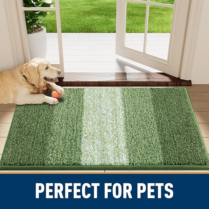 Smiry Dog Door Mat for Muddy Paws, Absorbs Moisture and Dirt, Low-Profile Entryway Mat with Non-Slip Backing, Entry Indoor Outdoor Doormat for Inside Floor (30x20 Inches, Green, Striped)