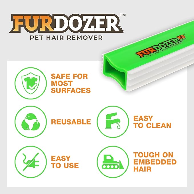FurDozer Pet Hair Remover & Auto Detailing Tools - Cat & Dog Hair Remover for Carpets, Car Interiors, Couches, Bedding, & Pet Furniture (Green, X3 MEGA - 10" Long)