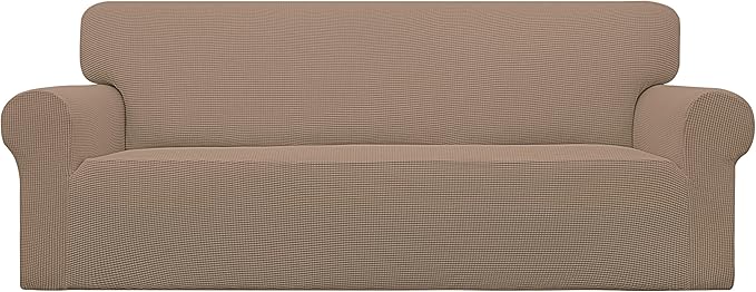 Easy-Going Stretch Oversized Sofa Slipcover 1-Piece Sofa Cover Furniture Protector Couch Soft with Elastic Bottom for Kids, Polyester Spandex Jacquard Fabric Small Checks Camel