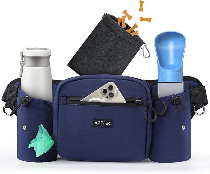 AGPTEK Dog Walking Fanny Pack, Large Capacity Dog Training Treat Pouch, Waist Bag with Removable Snack Pouch, Water Holder, Poop Bag Dispenser, Waterproof Zipper, Adjustable Strap, Dark Blue