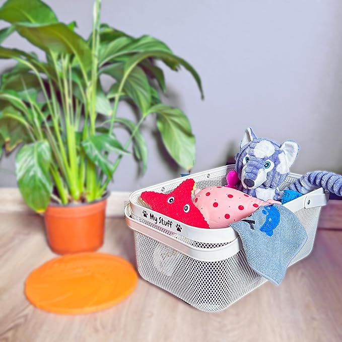 Dog Toy Basket Metal Mesh Metal, Chew Proof, 16 (L) x 9.5 (W) x 7 (H) inches White Dog Toy Bin, Sturdy Pet Toy Basket