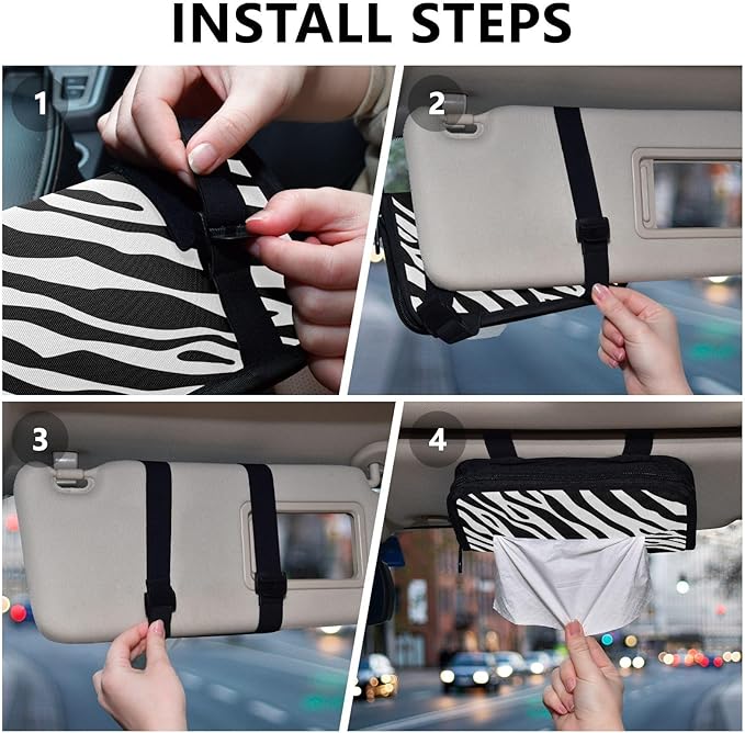 Car Tissue Holder Car Napkin Holder Car Tissue Box Dispenser Storage Case Sun Visor Mask Holder with Adjustable Straps Reusable Refillable Zebra Print