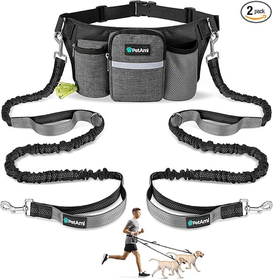 PetAmi Premium Hands Free Dog Leash for 2 Dogs, Adjustable Waist Belt Leash for Dog Walking, Fanny Pack Accessories Bag Dual Bungee Leash for Running, Hiking, Jogging, Biking, Charcoal Grey