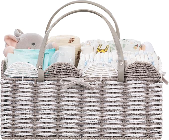 HBlife Baby Diaper Caddy, Paper Rope Storage Baskets Nursery Bin with Removable Divider, Portable Car Organizer for Diapers, Baby Shower Gifts, Newborn Essentials Must Haves