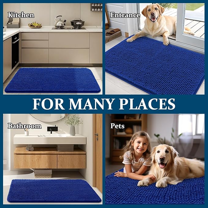 OLANLY Dog Door Mat for Muddy Paws 59x32, Absorbs Moisture and Dirt, Absorbent Non-Slip Washable Doormat, Quick Dry Chenille Mud Mat for Dogs, Entry Indoor Entryway Carpet for Inside Floor, Royal Blue