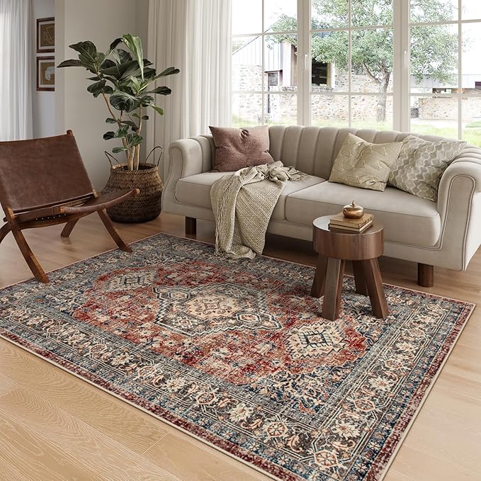 Lahome Oriental Washable Rugs for Living Room, 5x7 Area Rugs for Bedroom Ultra-Thin Non-Slip, Stain Resistant Vintage Low-Pile Throw Carpet for ‎Dining Room Office Eleanor, Brick Red