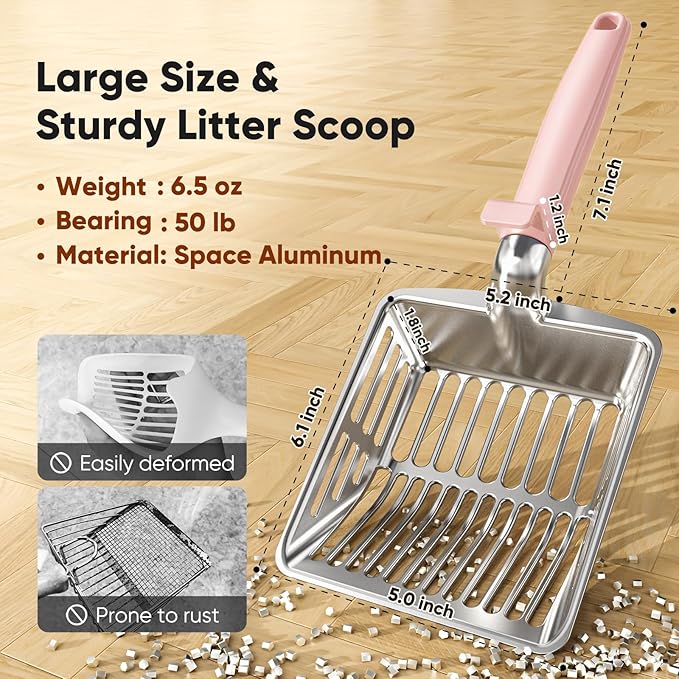 KooMooM Metal Cat Litter Scoop, Large Cat Scooper with Deep Shovel & Dual Sifting Holes for Fast & Precise Sifting, Space Aluminum Kitty Litter Scooper with Long Handle & Easy-to-Hang Hook - Pink