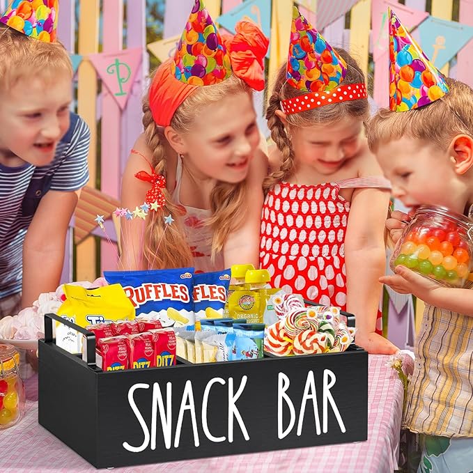 Snack Organizer for Countertop, Wood Pantry Storage Bins with Handles, Snack Bar Organizer for Pantry Shelf, Kitchen, 4 Compartment Food Container Snack Box, Pantry Organizer for Snacks, Chips(Black)
