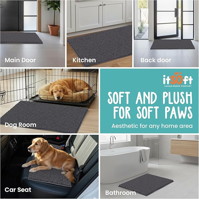 Dog Rugs for Muddy Paws 22x14 | Cleaner, Mud Free Floors | Dog Door Mat for Muddy Paws Muddy Rug for Dogs Absorbent Chenille Machine Washable w Non Slip Backing Outdoor Pets & Paw Matt, Charcoal Grey