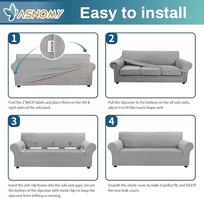 Asnomy Sofa Covers for 2 Cushion Couch Stretch loveseat Covers Slipcovers, Pet Protector Furniture Covers for Dogs Cats Spandex Jacquard Fabric Small Checks （Medium，Silver）