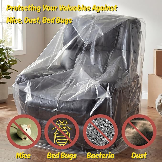 Wowfit Furniture Cover Dust-Proof Moving Bag for Chairs, Recliners & Boxes – Clear, Odorless Plastic - 4mil-Thick - 34W x 42D x 65/48H Inches