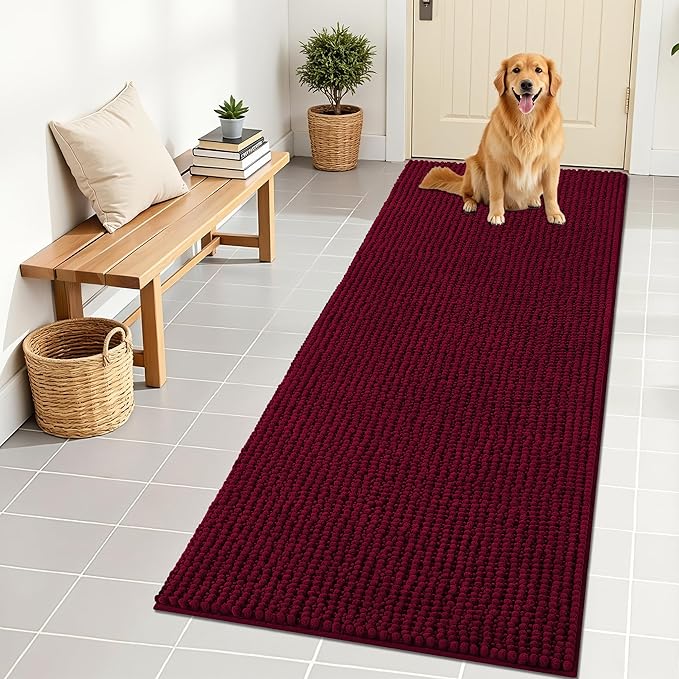 OLANLY Dog Door Mat for Muddy Paws 70x24, Ultra Absorbent Chenille Mud Doormat, Non-Slip Washable and Dirt Trapping Doormat for Indoor Entryway, Quick-Dry Indoor Pet Bed Mats for Dogs, Burgundy