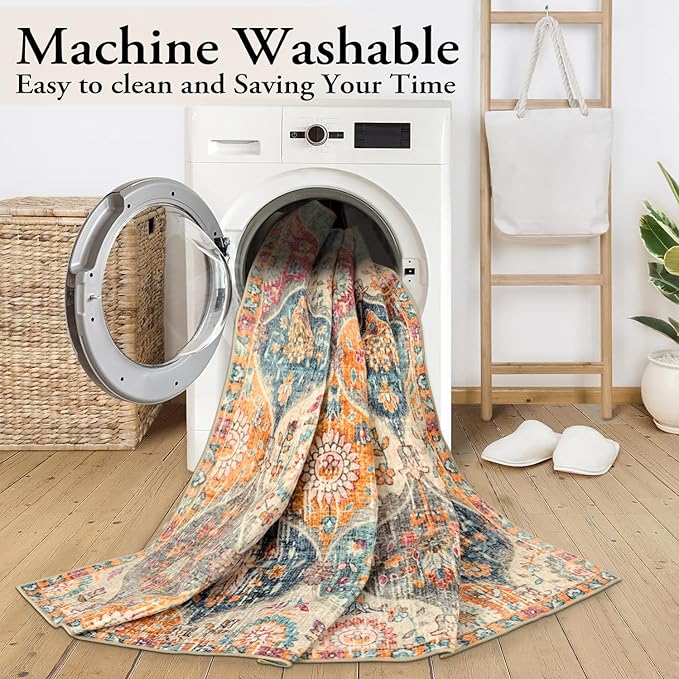 Lahome Moroccan 6x9 Rugs for Living Room, Soft Washable 6x9 Area Rug for Bedroom, Ultra-Thin Oriental Trellis Non Shedding Throw Large Carpet for Dining Room Office Elise, Cream/Multi