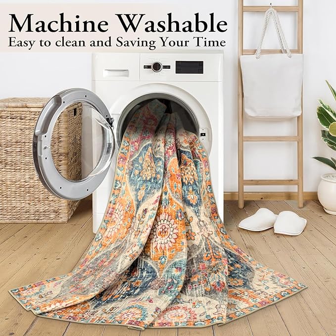 Lahome Moroccan 5x8 Area Rug, Ultra-Thin Washable Rugs for Living Room Bedroom, Soft Large Oriental Non-Slip Non Shedding Throw Large Carpet for Dining Room Office Elise, Cream/Multi