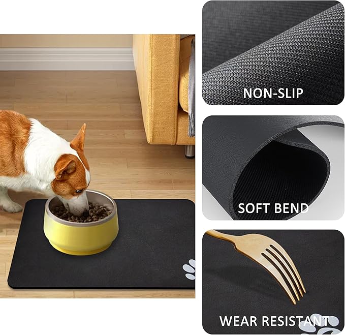 YCT Pet Cat Food Mats - Non Slip Super Absorbent, with Footprints Logo, 24 x 16.9 inches, Dark Gray